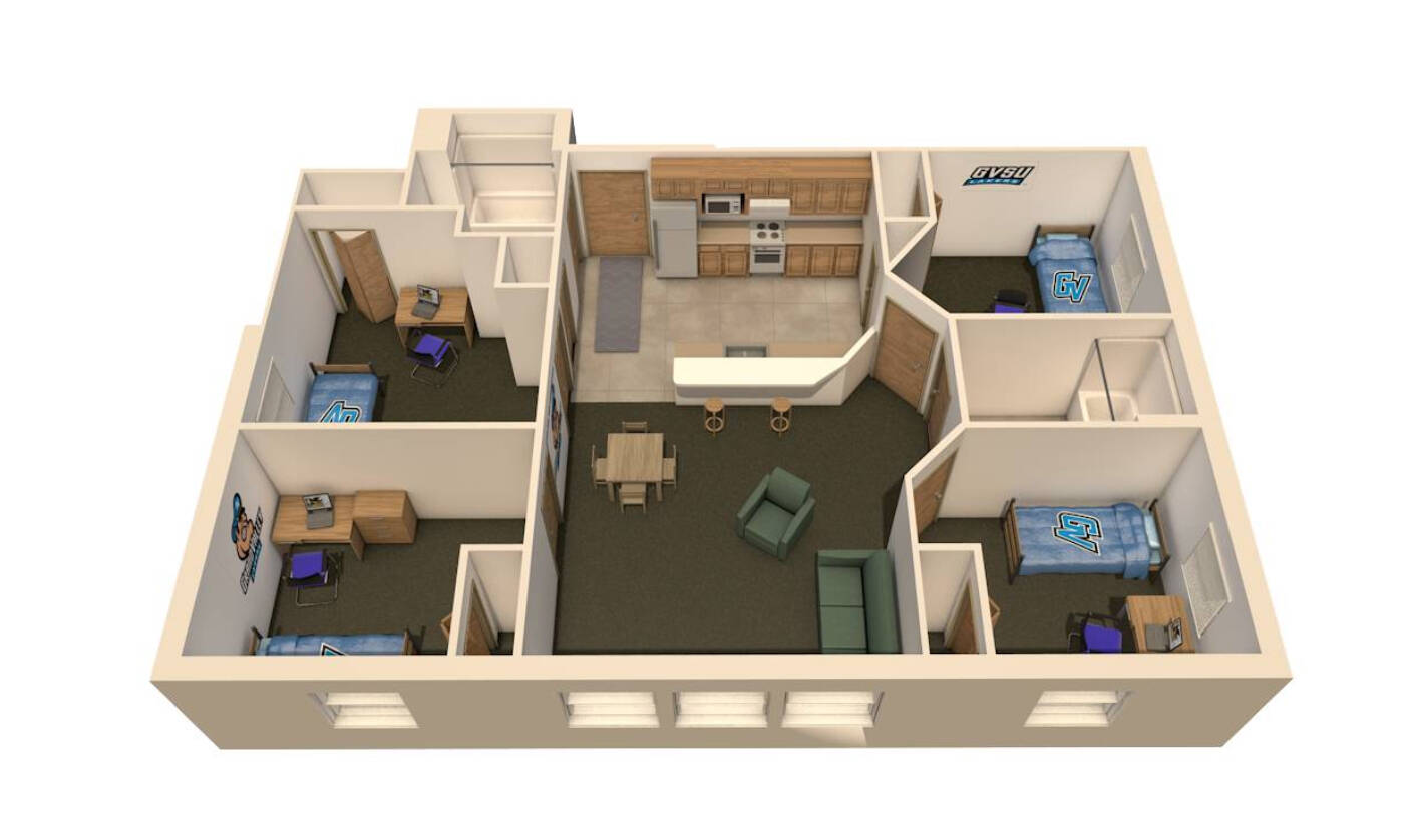 4 bedroom apartment style layout with four rooms, a living area, two bathrooms, and a kitchen.